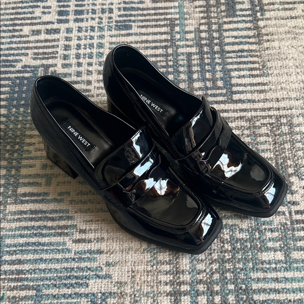Nine West Black Patent Chunky Loafer Heels | Block Heel | Women’s 8.5M